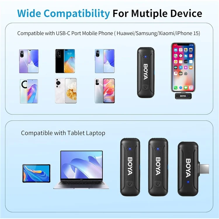 BOYA BY-WM3T-U2 2 émetteurs + 1 récepteur de type C, microphone sans fil 2,4 GHz avec pince-cravate
