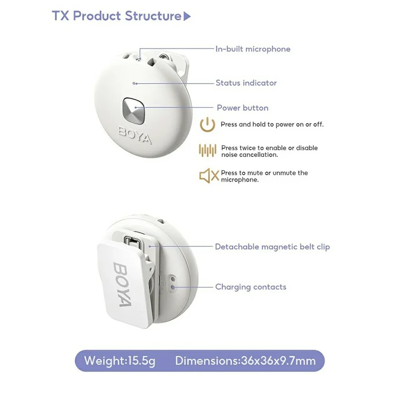 BOYA Omic-U 2 Zender + 1 USB-C Ontvanger, Knopvormig Draadloos Reversmicrofoon - Wit