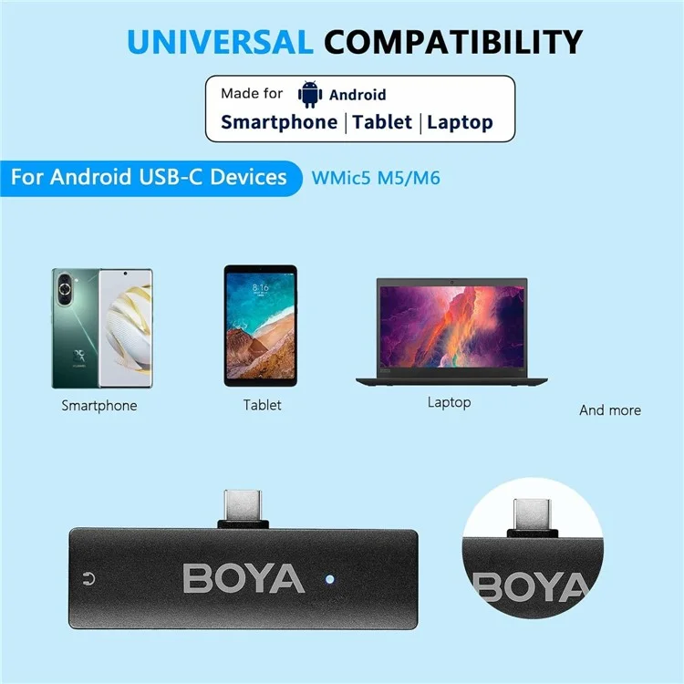 BOYA WMic5-M6 Microphone sans fil pour diffusion en direct, Clip-microphone, 2 émetteurs + 1 récepteur USB-C