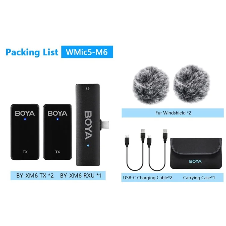 BOYA WMic5-M6 Live Streaming Wireless Microphone Lapel Clip Mic, 2 Transmitter + 1 USB-C Receiver