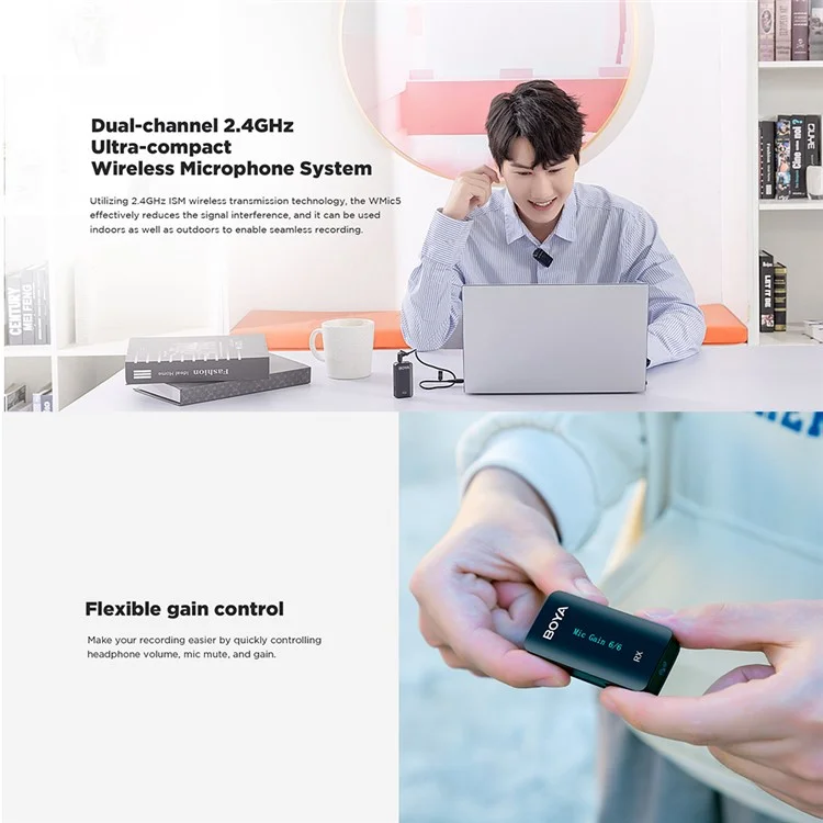BOYA WMic5-M5 Microfone Sem Fio para Gravação de Vídeo, Clipe de Lapela, 1 Transmissor + 1 Receptor USB-C
