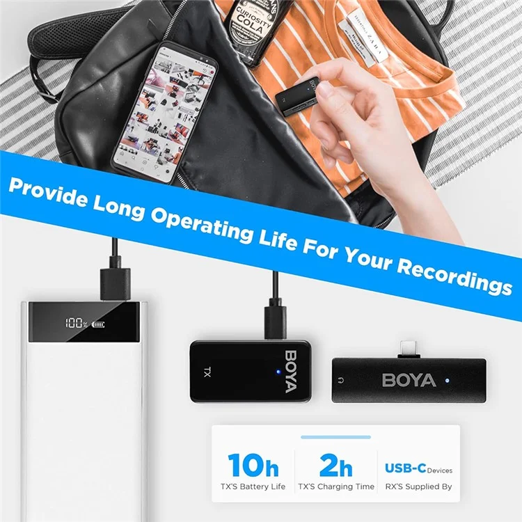 Boya Wmic5-m5 Video Registrazione Video Microfono Mic Mic Clip, 1 Transmit + 1 Ricevitore USB-C