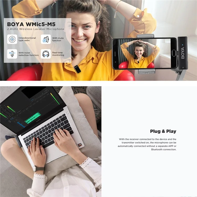 BOYA WMic5-M5 Microfone Sem Fio para Gravação de Vídeo, Clipe de Lapela, 1 Transmissor + 1 Receptor USB-C