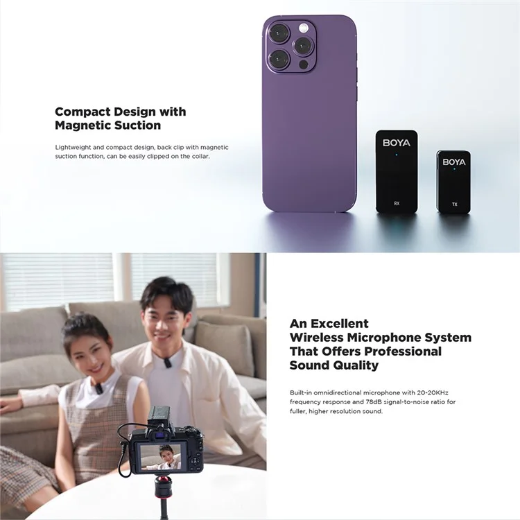 BOYA WMic5-M5 Microfone Sem Fio para Gravação de Vídeo, Clipe de Lapela, 1 Transmissor + 1 Receptor USB-C