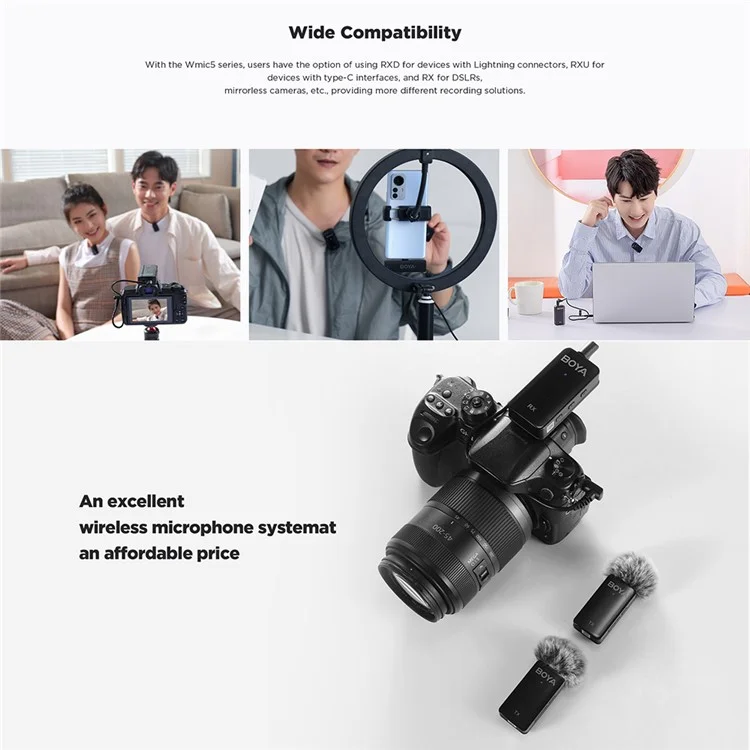 Boya Wmic5-m5 Video Registrazione Video Microfono Mic Mic Clip, 1 Transmit + 1 Ricevitore USB-C