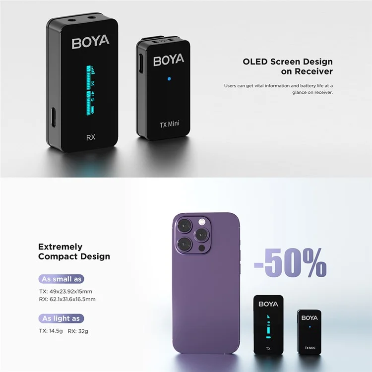 BOYA BY-XM6-S1MINI Microphone sans fil à pince pour téléphone et caméra, 1 mini émetteur + 1 récepteur