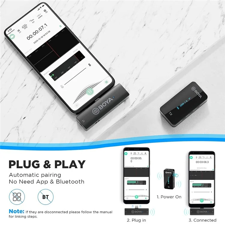 BOYA BY-XM6-S5 Para dispositivos con función OTG Micrófono inalámbrico con clip para solapa, 1 transmisor + 1 receptor USB-C