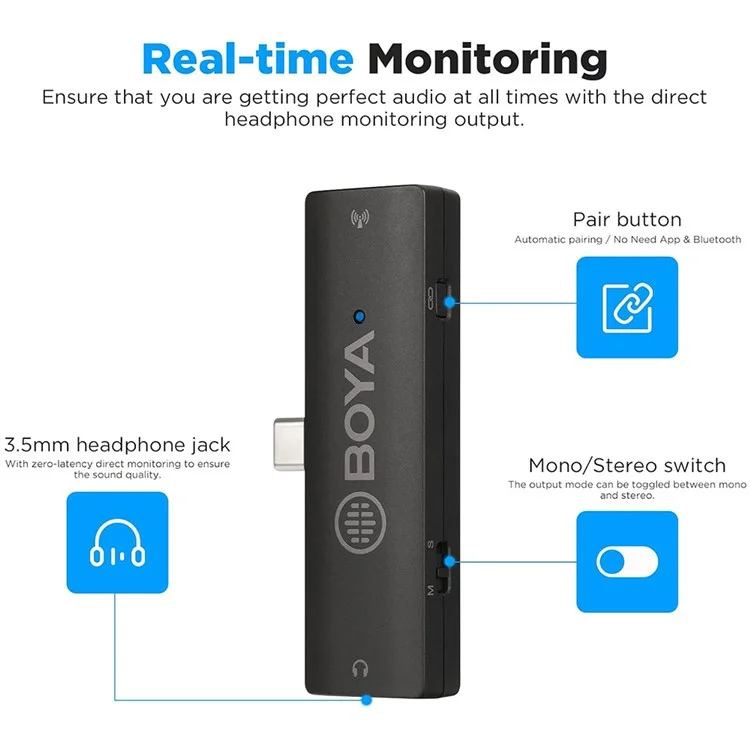 BOYA BY-XM6-S5 Para dispositivos con función OTG Micrófono inalámbrico con clip para solapa, 1 transmisor + 1 receptor USB-C
