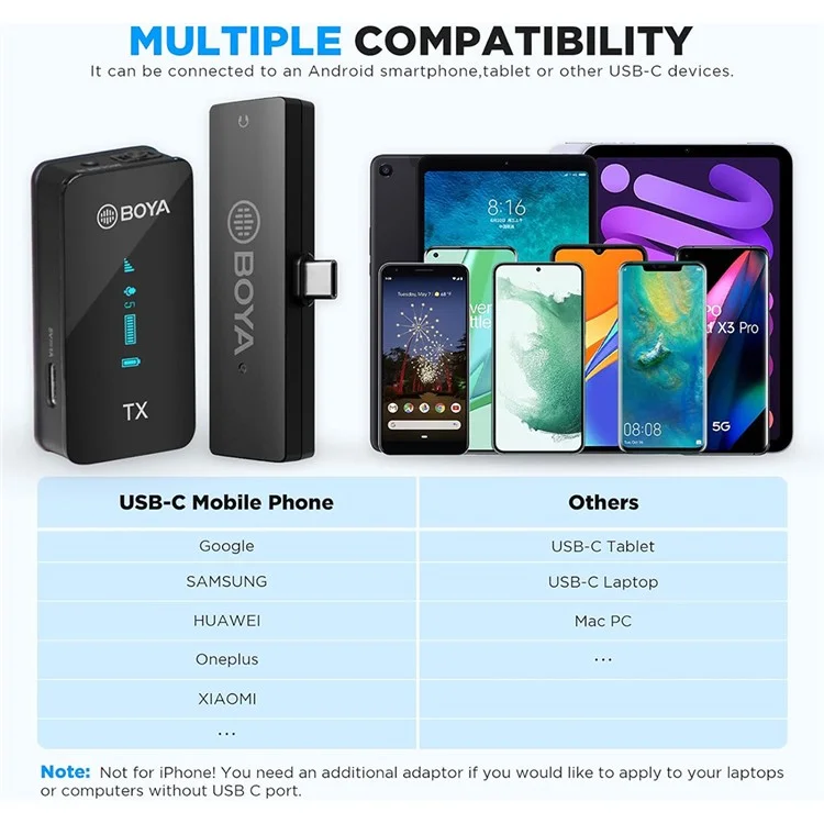 BOYA BY-XM6-S5 Para dispositivos con función OTG Micrófono inalámbrico con clip para solapa, 1 transmisor + 1 receptor USB-C