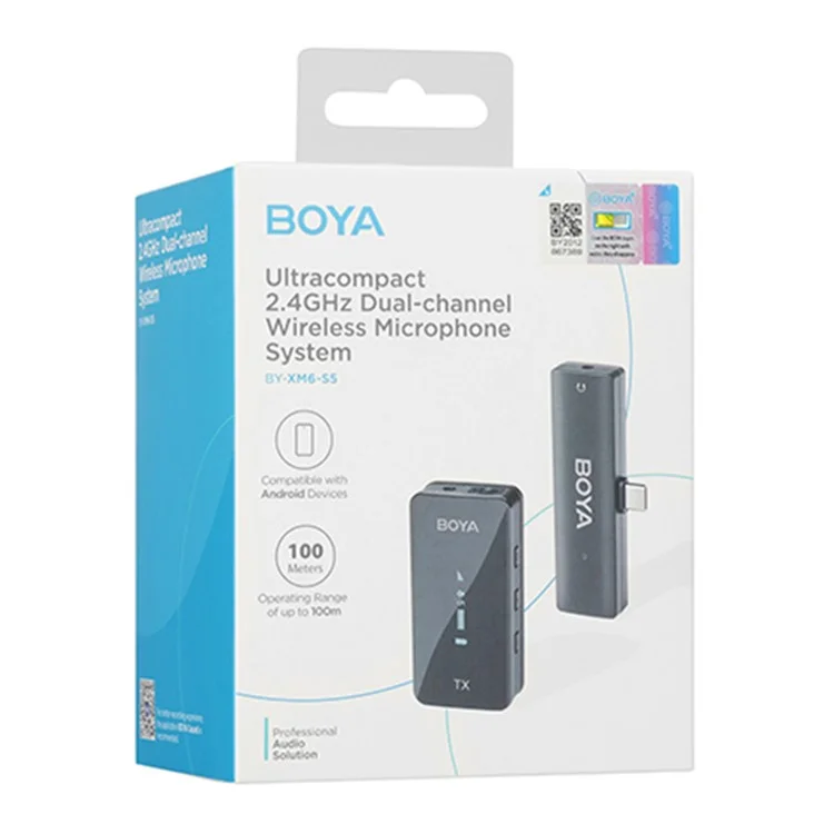 BOYA BY-XM6-S5 Para dispositivos con función OTG Micrófono inalámbrico con clip para solapa, 1 transmisor + 1 receptor USB-C