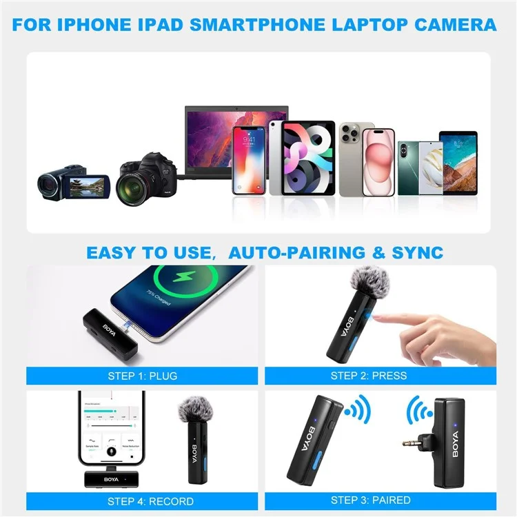 Boya Boyalink A1 Wireless Microphone Téléphone Caméra Vlogging Revers Clip Micro, 1 Émetteur + 1 Récepteur