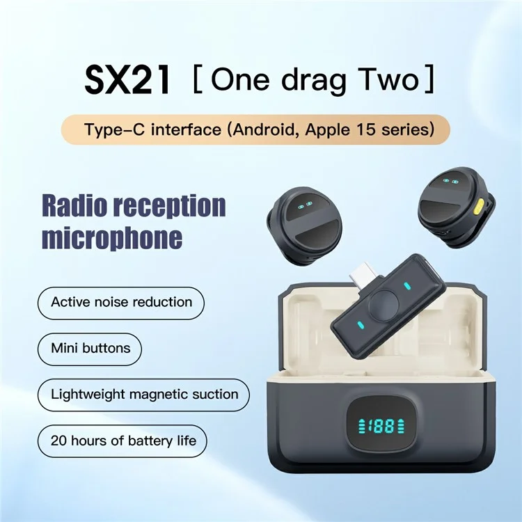 SX21 Type-C 2.4G Wireless Smart Clip-On Microphone (1 Receiver+2 Microphones+1 Charging Bin)