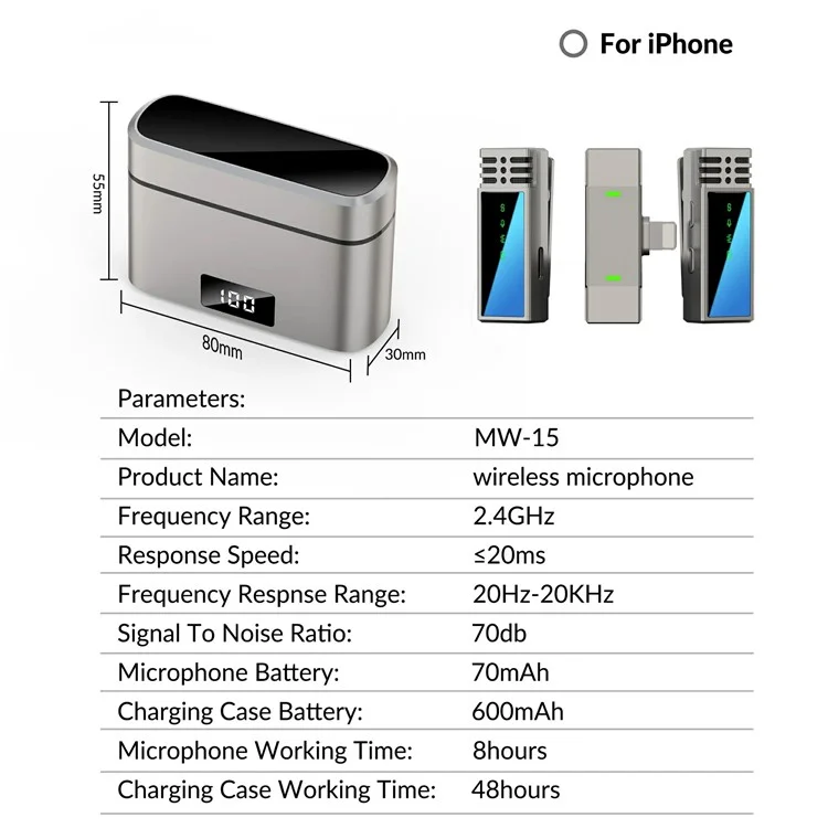 JMARY MW-15 Per iPhone / iPad 2.4G Microfono Wireless Lavalier Live Streaming, 2 Trasmettitori + 1 Ricevitore da 8 Pin