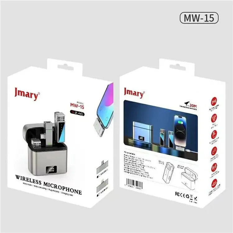 JMARY MW-15 Per iPhone / iPad 2.4G Microfono Wireless Lavalier Live Streaming, 2 Trasmettitori + 1 Ricevitore da 8 Pin