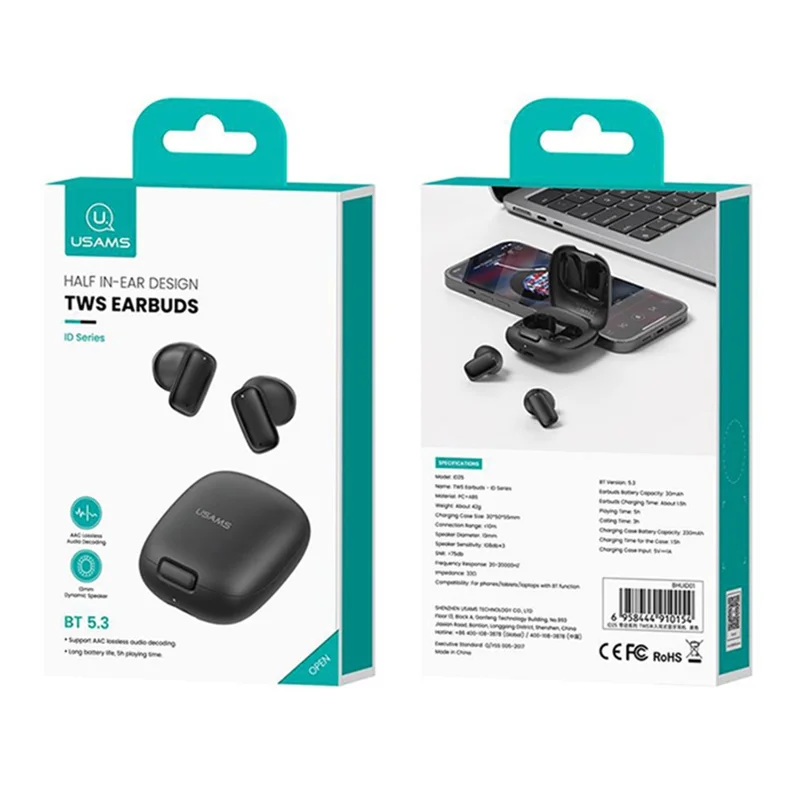 USAMS ID25 Wireless Earbuds Bluetooth-compatible 5.3 Headphone Semi in Ear - Black