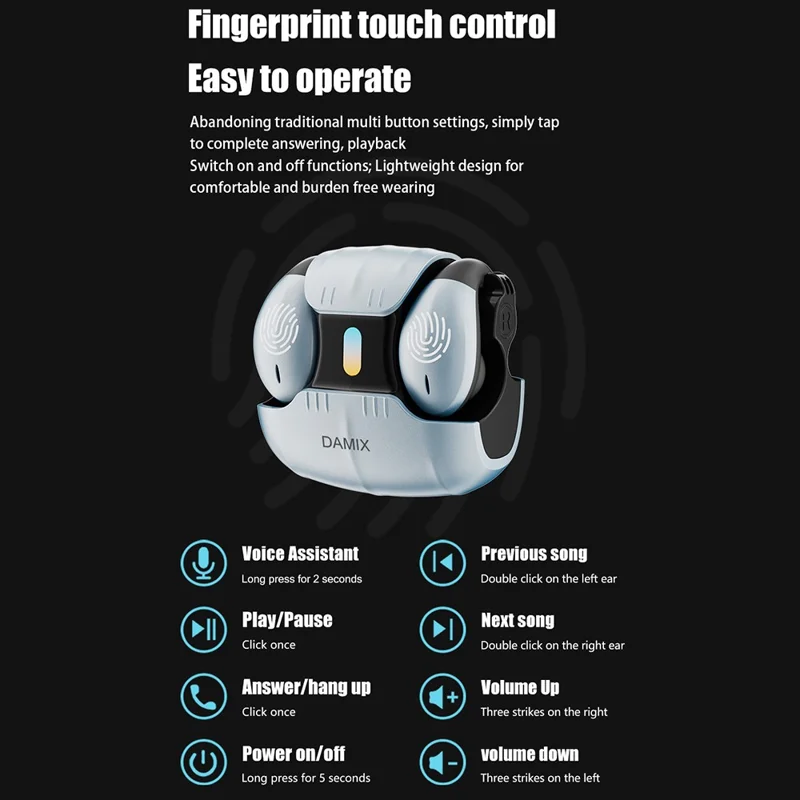 DAMIX AS-01 Bluetooth-compatible 5.5 Headphones Fingerprint Touch Clip-On Wireless Earphones - Silver