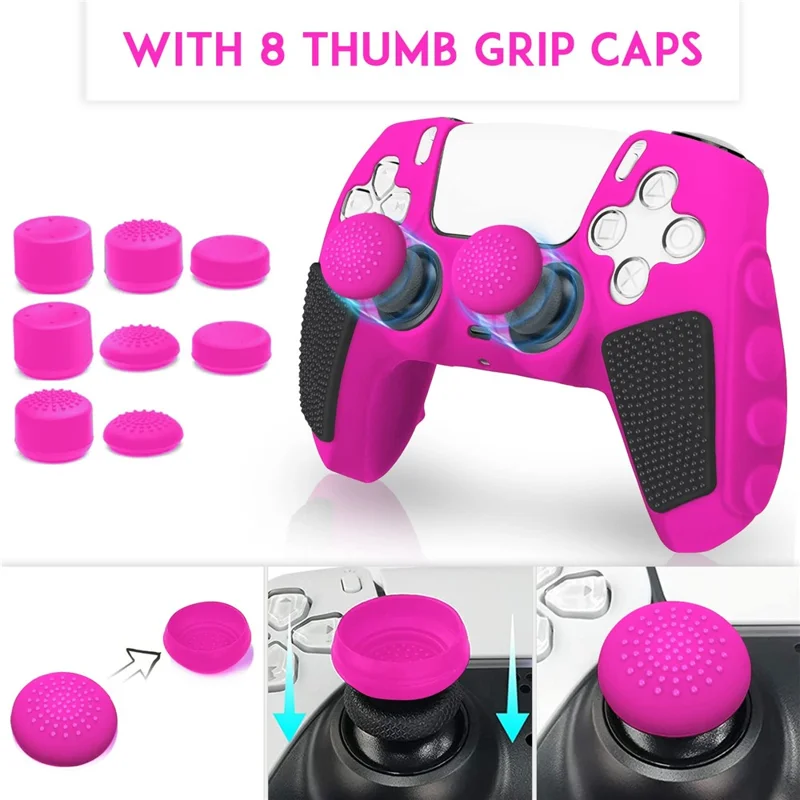 Para Sony PlayStation 5 Controller Silicone Case com 8 Joy-Stick Caps Color Matching Protective Cover - Rose