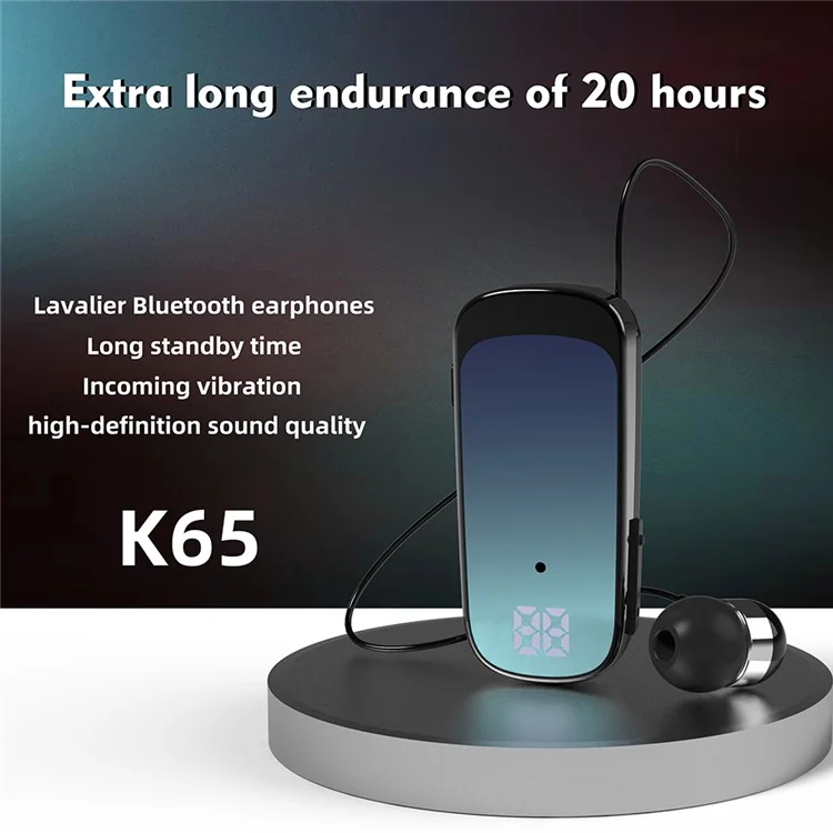 K65 Vibrazione in ingresso chiamata Visualizzazione digitale Lavalier retrattile Auricolari Bluetooth - Nero