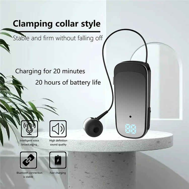 K65 Vibrazione in ingresso chiamata Visualizzazione digitale Lavalier retrattile Auricolari Bluetooth - Nero
