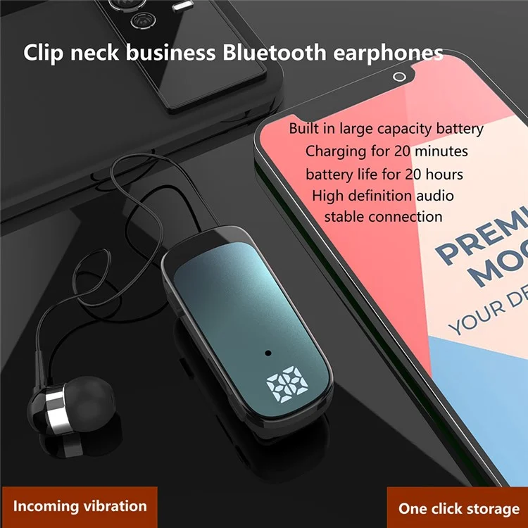 K65 Vibrazione in ingresso chiamata Visualizzazione digitale Lavalier retrattile Auricolari Bluetooth - Nero