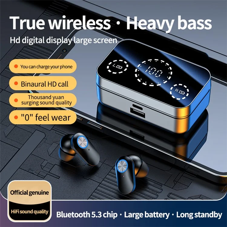 YD08 Binaural HD Call In-Ear Wireless Bluetooth-compatible Earphones with Digital Display Charging Case - Black