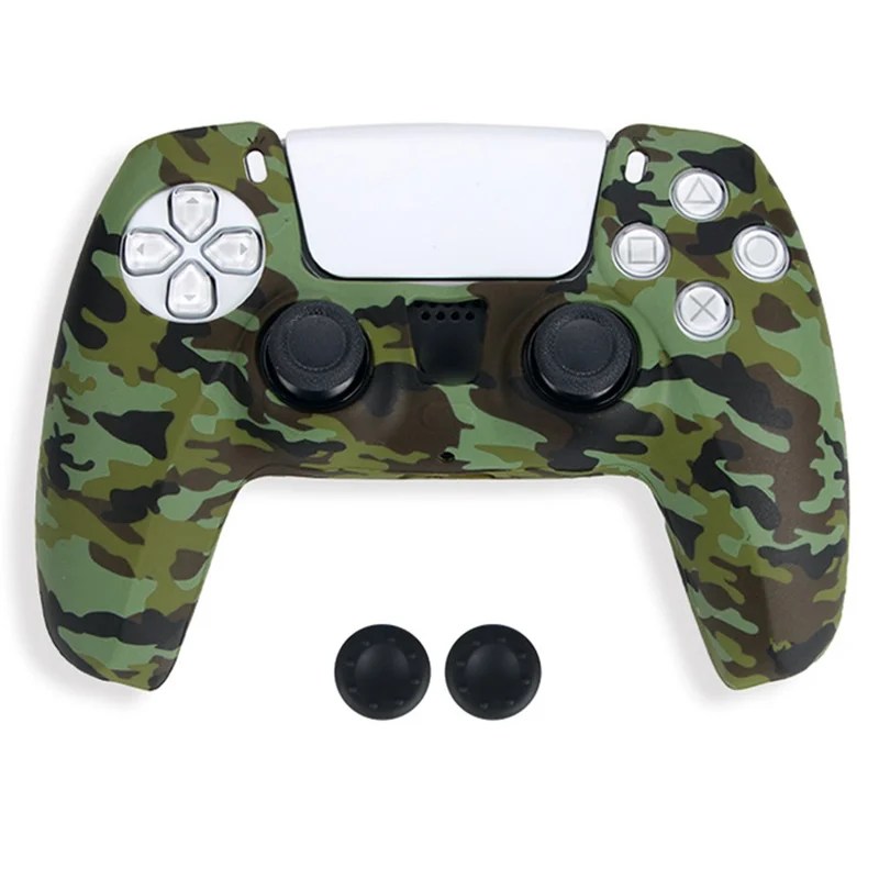DATA FROG For Sony PlayStation 5 Game Controller Anti-skid Silicone Case Gamepad Protective Cover with 2 Rocker Caps - Camouflage Green