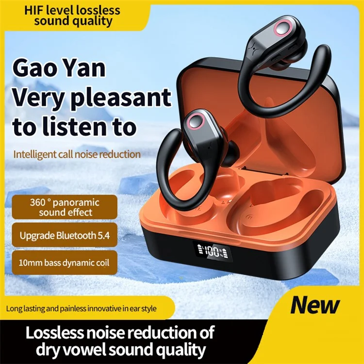 YW02 Bluetooth In-Ear-Kopfhörer, kabellos, mit digitaler Anzeige und Ladestation - Schwarz+Orange