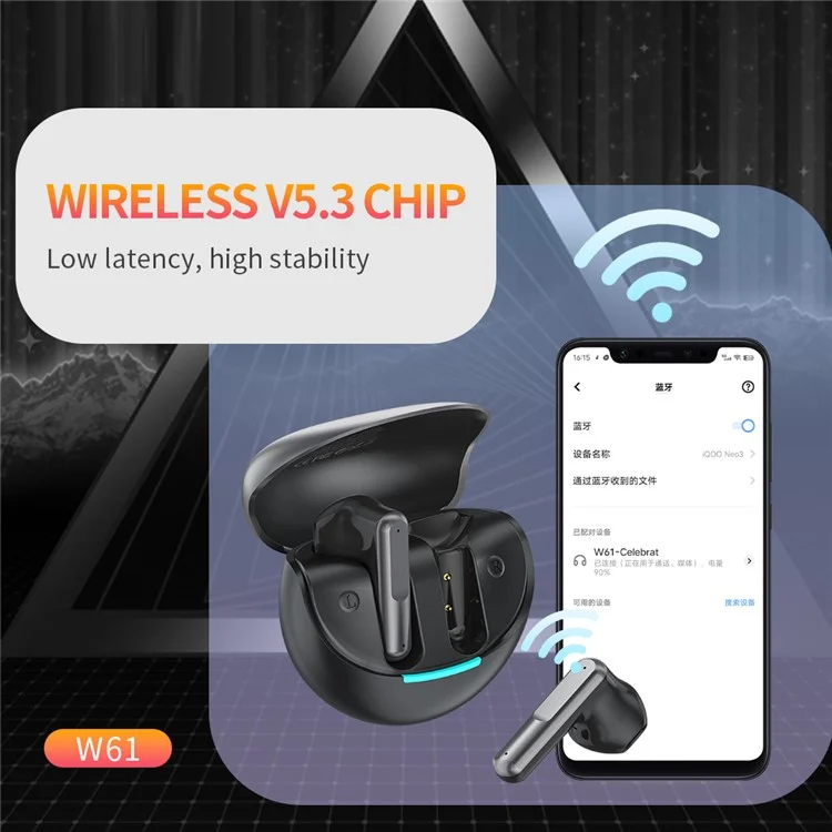 CELEBRAT W61 Bluetooth 5.3 Semi-In-Ear Bluetooth Headphone Stéréo Son Écouteurs sans Fil - Noir