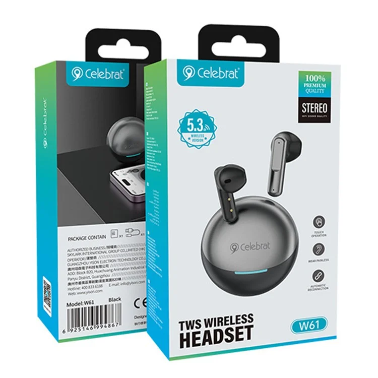 CELEBRAT W61 Bluetooth 5.3 Semi-In-Ear Bluetooth Headphone Stéréo Son Écouteurs sans Fil - Noir