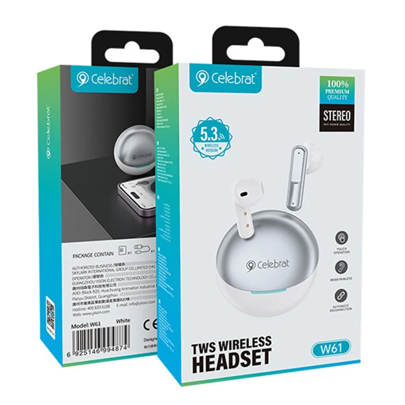CELEBRAT W61 Bluetooth-compatible 5.3 Semi-in-ear Bluetooth-compatible Headphone Stereo Sound Wireless Earphones - White
