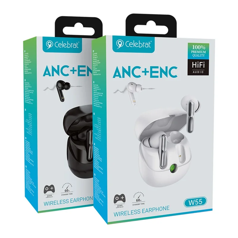 CELEBRAT W55 TWS Bluetooth-kompatibla In-Ear Hörlurar ANC+ENC Brusreducering Trådlös Musikheadset - Vit