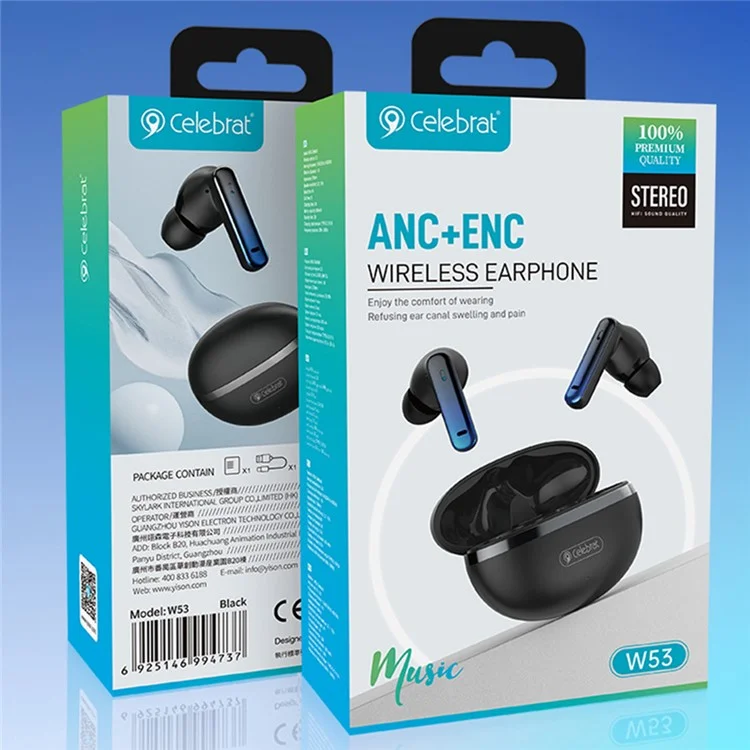 CELEBRAT W53 TWS Auricolari Bluetooth In-Ear ANC+ENC Riduzione del rumore Cuffie stereo per musica - Nero