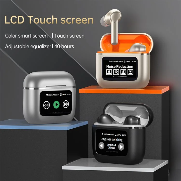 YW09 In-Ear Bluetooth-compatible Headphone Sports Earphone with LCD Touch Screen Charging Bin - Black