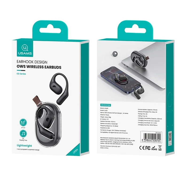 USAMS UG26 OWS Wireless Earhook Earbuds Bluetooth-compatible 5.3 Headset, EG Series - Black