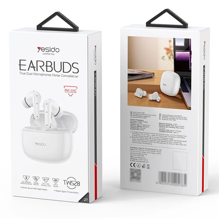 Yesido TWS28 Anc + Enc Eatphone Sans Fil Bluetooth Bruit Noise Anceling Earbud - Blanc
