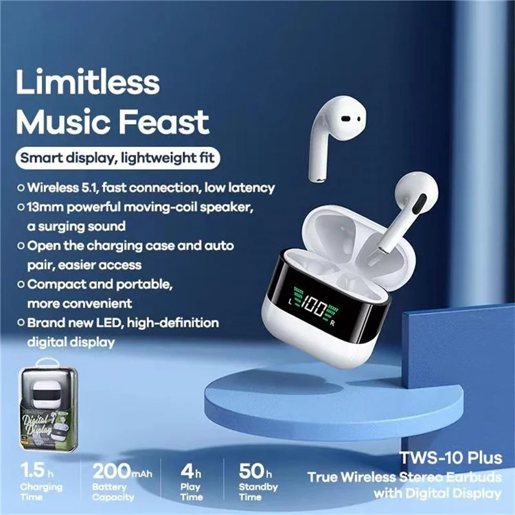 REMAX TWS-10Plus Digital Display True Wireless Stereo Bluetooth Earbuds - Bajo Latencia, Control Táctil Inteligente