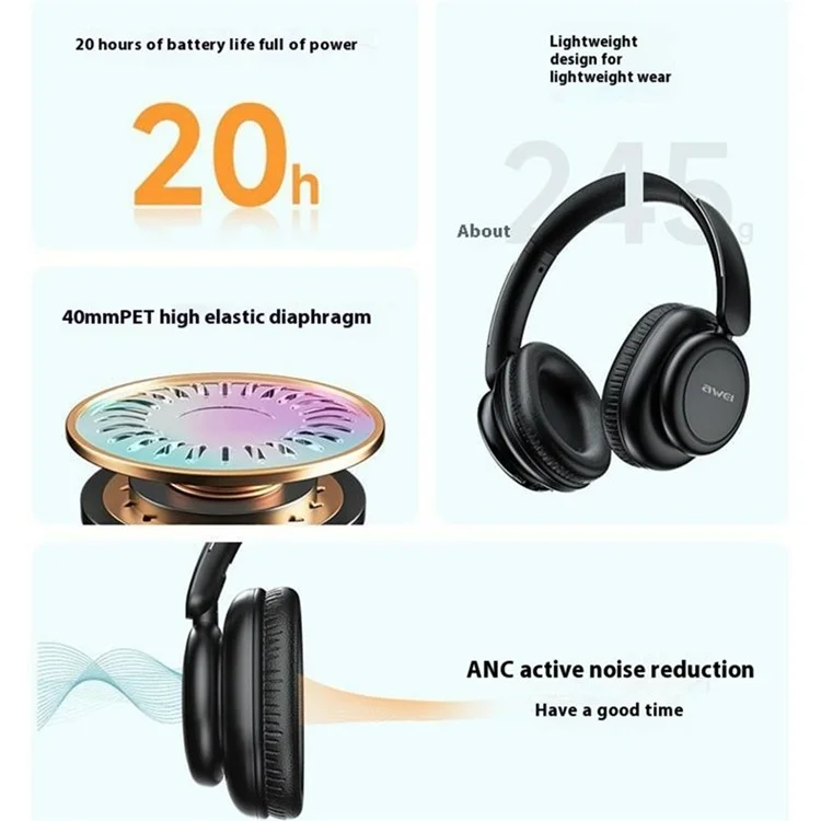 AWEI A996Pro Foldable Bluetooth-compatible Over-Ear Headphone ANC Noise Canceling Headset