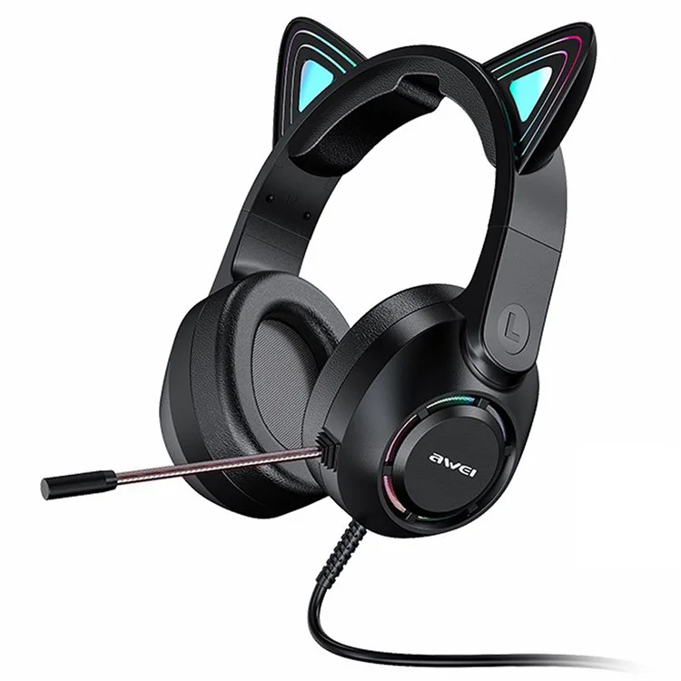 AWEI GM-9 Cat Ear USB verkabelte Gaming-Kopfhörer Kühles Licht Over-Ear-Headset mit Mikrofon - Schwarz