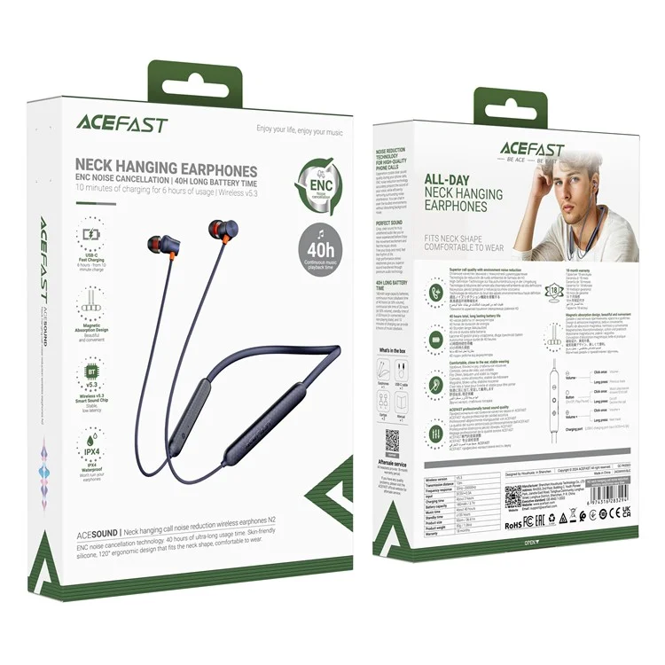 ACEFAST N2 Auricular Bluetooth de Cuello ENC Cancelación de Ruido Auricular Colgante del Cuello