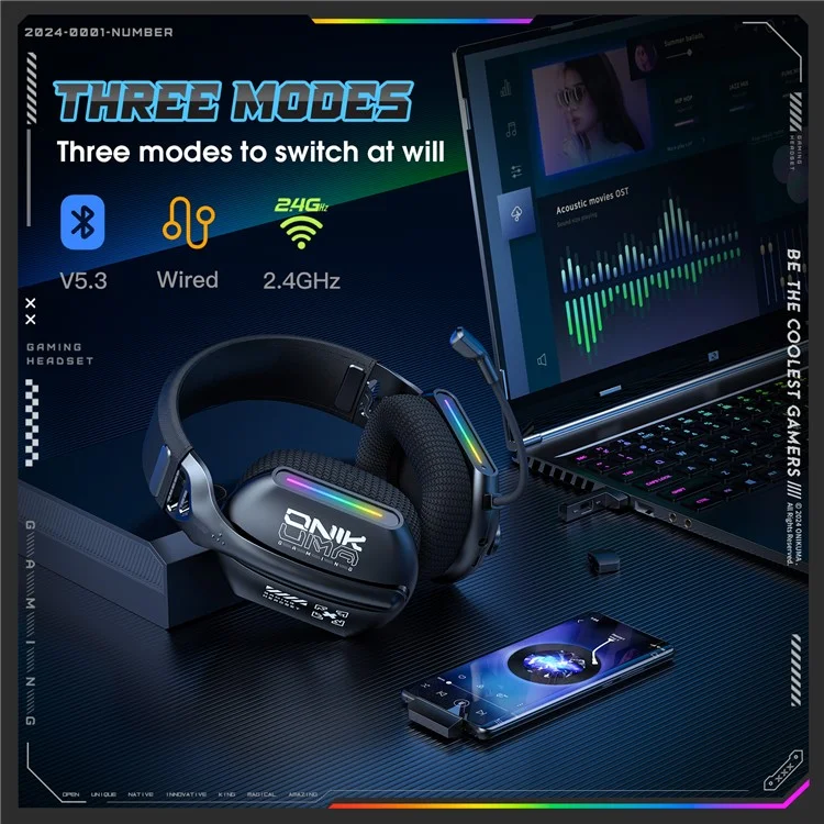 ONIKUMA GT808 Cuffie Tri-Mode 2.4GHz Ultra-Bassa Latenza Wireless Gaming Headset con Microfono