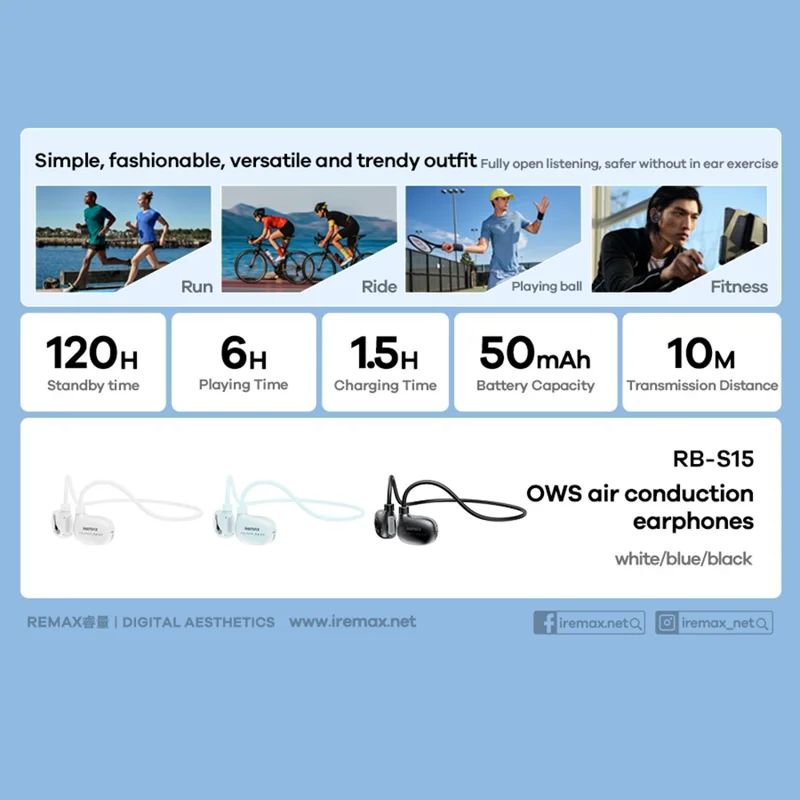 REMAX RB-S15 OWS Air Conduction Bluetooth-compatible Headset Wireless Headphone Sports Earphone - Blue