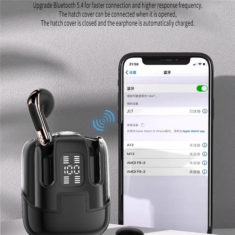 J17 2 Пара Bluetooth 5.4 Наушники Светодиод - Черный