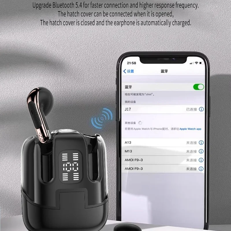 J17 2 Pair Bluetooth-compatible 5.4 Headphones LED Display Stereo Sports Earbuds - White