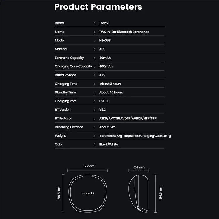 TOOCKI HE-068 TWS Bluetooth-compatible In-Ear Earphone Wireless Music Gaming Headset - Black