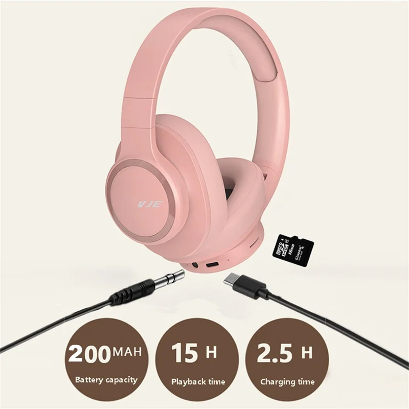 VJE 905 Bluetooth-compatible 5.3 Over-Ear Headphones, HD Sound Wireless Headset Support AUX  /  TF  /  FM - Pink