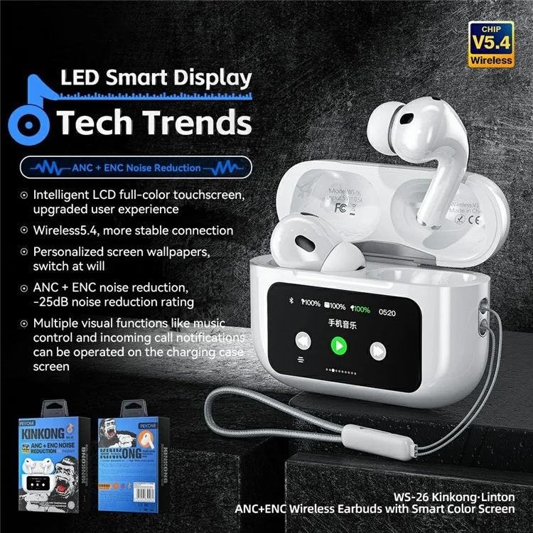WEKOME WS-26 Kinkong-Linton Series Smart Color Screen ANC+ENC Noise Reduction Bluetooth-compatible Earbuds with Charging Case