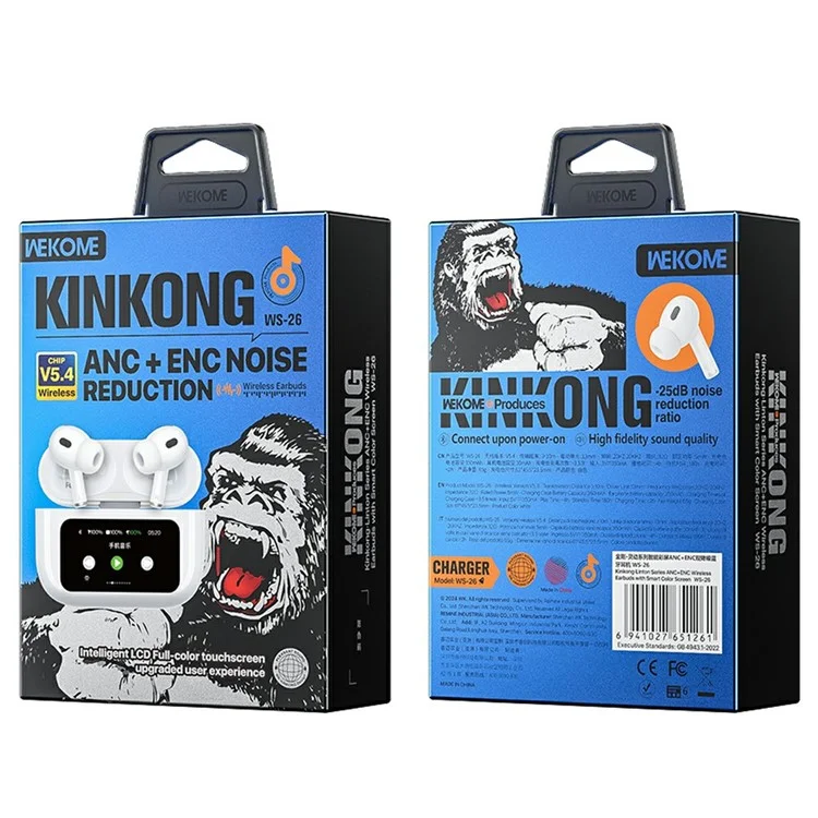 WEKOME WS-26 Kinkong-Linton Series Smart Color Screen ANC+ENC Noise Reduction Bluetooth-compatible Earbuds with Charging Case