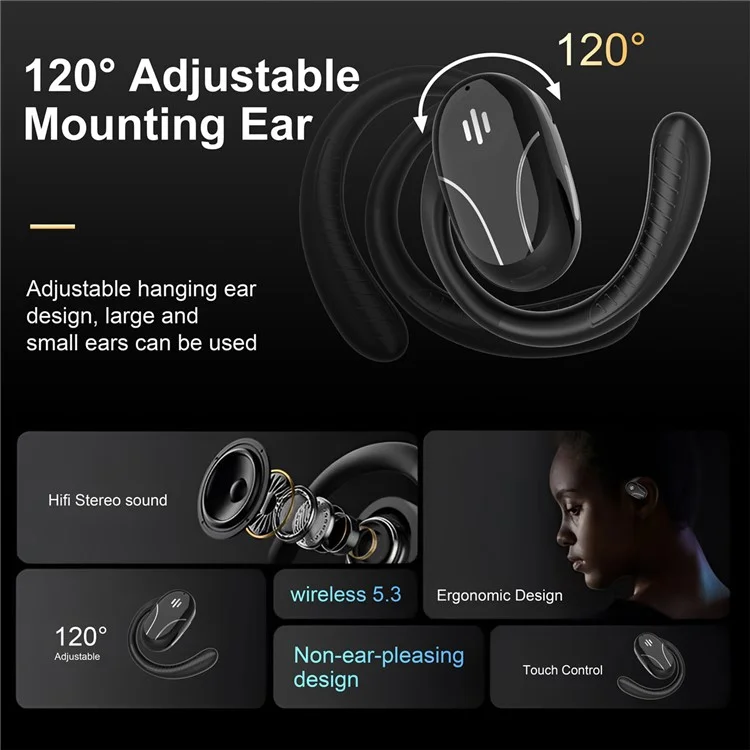 SP30 AI Directional Voice Transmission Open Ear Headphones Bluetooth-compatible Earphones with Rotating Hook - Black
