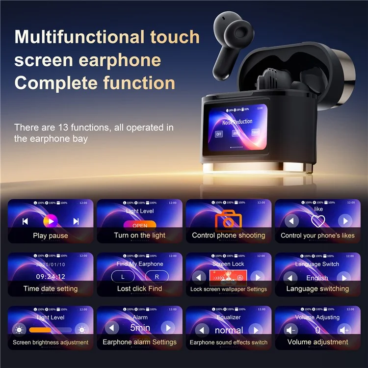 BD2 Smart Digital Display Touch Screen Wireless Bluetooth Headset ANC+ENC Noise Cancelling - Dourado