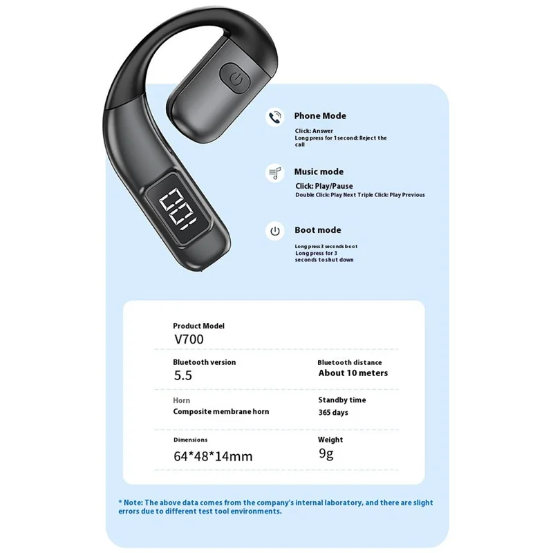 V700 Wireless Earbuds Bluetooth-compatible 5.5 Sports Earphones with Earhooks LED Power Display - Grey